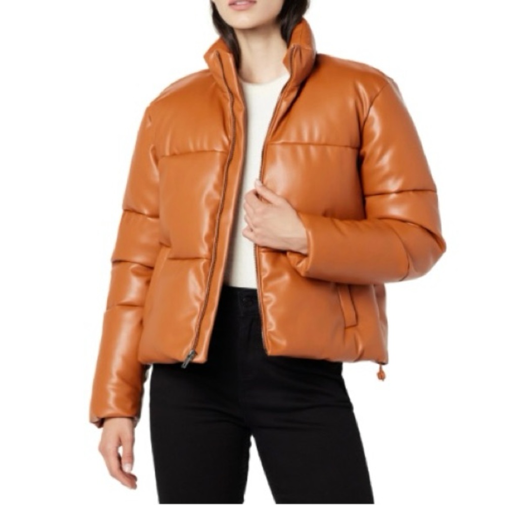 NWT Staples by The Drop Women's Priscilla Vegan Leather Puffer Cognac Medium